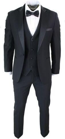 Mens 3 Piece Black Classic Satin Tuxedo Dinner Suit Tailored Fit Wedding Prom in Saudi Arabia