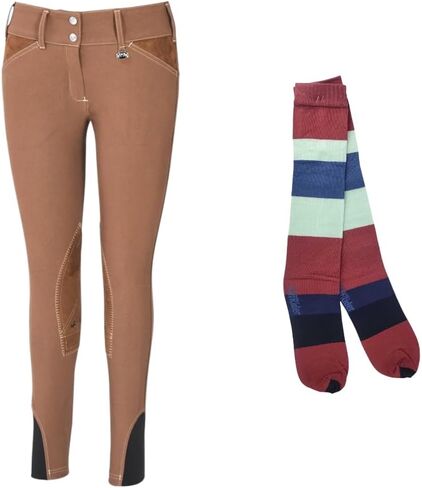 Equine Couture Ladies Sportif Natasha Knee Patch Breeches with Free Assorted Striped Socks in Saudi Arabia