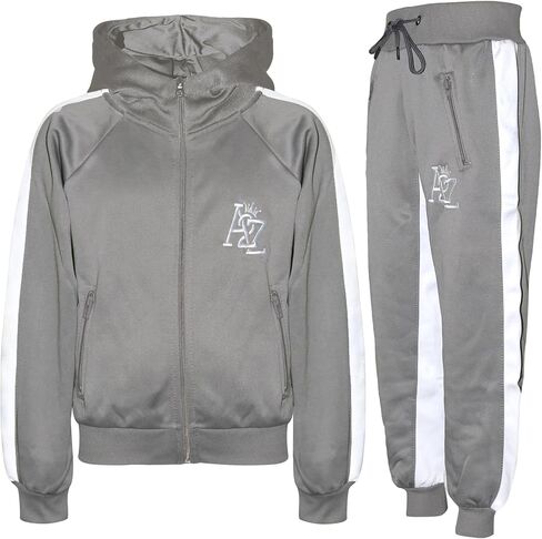 Kids Girls Boys Tracksuit Contrast Panel Fleece Hooded Top Bottom Gym Sportswear in Kuwait