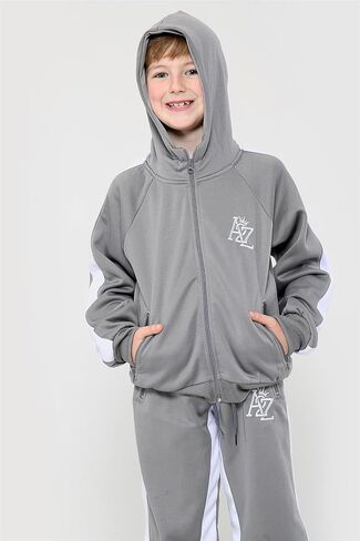 Kids Girls Boys Tracksuit Contrast Panel Fleece Hooded Top Bottom Gym Sportswear in Kuwait