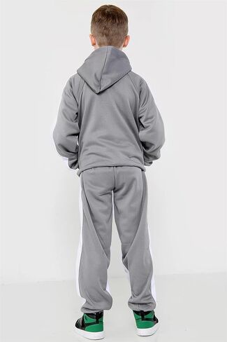 Kids Girls Boys Tracksuit Contrast Panel Fleece Hooded Top Bottom Gym Sportswear in Kuwait