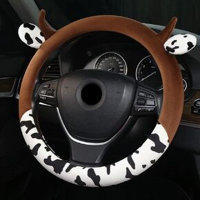 Cow Plush Car Steering Wheel Cover Universal Fit 15in Non-Slip Cute Cow Print Steering Wheel Protector Pad Soft Elastic Circular Steering Wheel Car Decor for Auto SUV Sedan Van Truck Men Women
