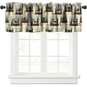Cabin Vintage Rustic Curtain Valance, Bear Deer Rustic Hunting Wildlife Plaid Print, Bedroom Living Room Bathroom Cafe Decor Grey 54x18in