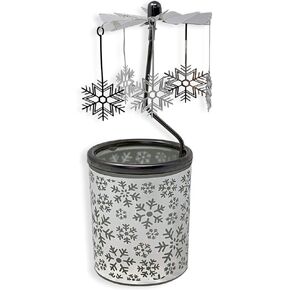 Snowflake Christmas Candle Spinner - Snowflake Charms Spin Above The Candle Holder - Holder is Frosted Glass with Laser Cut Snowflakes in Metal Wrap