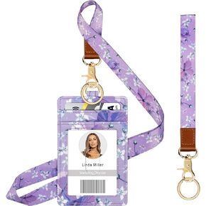 Azrra ID Badge Holder with Lanyards, ID Badge Card Holder with 1 Clear ID Window, 4 Credit Card Slots Includes a Detachable Neck Lanyard and Wrist Lanyard with 2 Key Rings