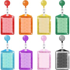 8 Pieces Rhinestone Badge Holder Bling ID Card Holder Crystal Cute Badge Holder Retractable Reel Clip Vertical ID Holder for Office School Nurses, 8 Colors