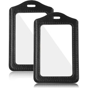 2 PCS Leather ID Badge Holders, Black Vertical Double Side Clear Card Holder, Vertical Plastic Card Case Leather Black ID Badge Card Holder for Office Staff Students School ID Credit Cards