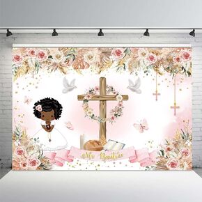 MEHOFOND 7x5ft Mi Bautizo Baptism Backdrop God Bless First Holy Communion Christening Blush Pink Floral Gold Cross Glitter Background Newborn Baby Shower Photo Banner Photo Studio Props