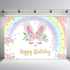 MEHOFOND 7x5ft Glitter Rainbow Bunny Girl Happy Birthday Party Decorations Backdrop Floral Gold Glitter Magical Rabbit Spring Easter Photography Background Photo Banner Poster for Cake Table Supplies