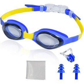 Kids Swim Goggles with Earplugs Nose Clip, Kid swimming goggles with Anti-UV, Anti-fog Lenses