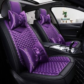 Bling Retro Fashion Lattice Silk and Leather Car Seat Covers Front and Rear Seat Covers Universal Fit (Black-Basic)