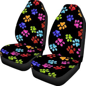 Car Seat Cover Colorful Paw Print Front Seat Covers 2 pc,Vehicle Seat Protector Car Mat Covers, Fit Most Vehicle, Cars, Sedan, Truck, SUV, Van Black
