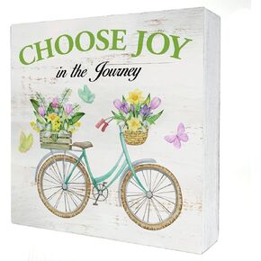 Floral Choose Joy in the Journey Spring Wood Box Sign Home Decor Rustic Bicycle and Flowers Spring Wooden Box Sign Block Plaque for Wall Tabletop Desk Decoration