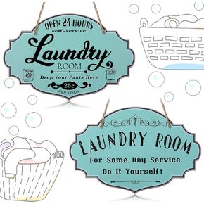2 Pieces Laundry Room Decors Retro Metal Tin Signs Open 24 Hours Farmhouse Laundry Sign Laundry Rules Sign for Washroom Bathroom (Irregular Style)