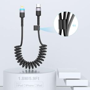 Coiled Lightning Cable for Car [2 Pack], Coiled Apple Carplay Cable 6ft [Apple Mfi Certified] Coil iPhone Charger Cord Compatible with Iphone14/13/12/11 Pro Max/Xs Max/Xr/Xs/X/8/7/Plus/6s Ipad/iPod