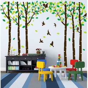 Extra Large Six Birch Tree Wall Decals with Birds Squirrel Forest Tree Wall Decal Tree Wall Sticker Kids Room Nursery Bedroom Living Room Classroom Decoration (H=250cm /100inch)