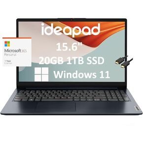 Lenovo IdeaPad 1 1i 15.6" FHD Business Laptop (Intel 4-Core Pentium N6000, 20GB RAM, 1TB SSD, 1 Year Office 365), Webcam, Wi-Fi 6 and Bluetooth 5, IST HDMI, Win 11 Home, Abyss Blue - 2024