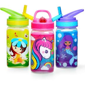 Home Tune 15oz Kids Water Drinking Bottle - BPA Free, Wide Mouth, Flip Sip Top, Easy Open, Lightweight, Leak-Proof Water Bottle with Cute Design For Girls & Boys - 3 Pack Animal & Hero & Space