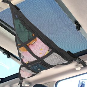 Kaskawise 31.5"x21.6" Car Ceiling Cargo Net-Fits Cars with Three Handles,Non-Blocking Rearview Mirror,Double-Layer Interior Roof Cargo Net for Travel Road Trips and Car Camping