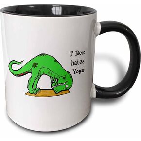 3dRose T Rex Hates Yoga Two Tone Mug, 11 oz, Black