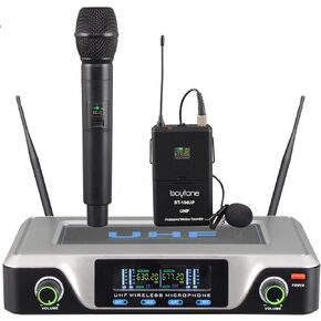 Boytone BT-104UM, UHF Wireless Microphone System, Dual fix Channel Handheld Dynamic Mics/Lapel/Headset/Body Pack, for Home Party, Meeting, Wedding, Church, with Aluminum Carrying case, 110/220