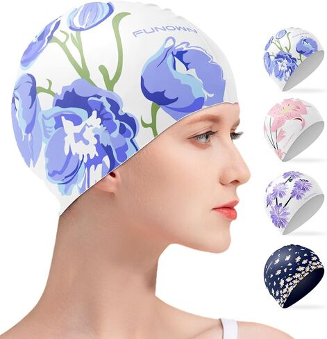 قبعة سباحة من السيليكون على شكل زهرة، تصميم مريح ثلاثي الأبعاد للبالغين للشعر الطويل أو القصير، ناعمة وقابلة للتمدد in Kuwait