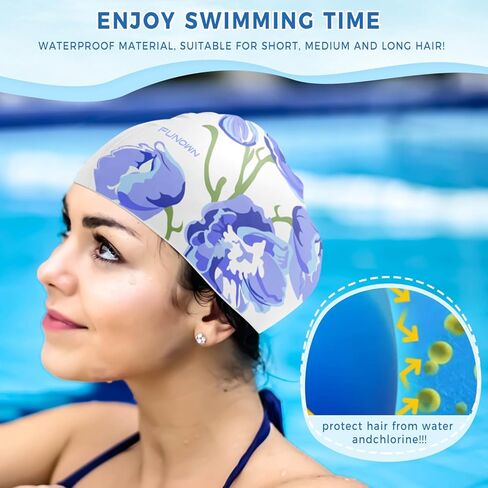 قبعة سباحة من السيليكون على شكل زهرة، تصميم مريح ثلاثي الأبعاد للبالغين للشعر الطويل أو القصير، ناعمة وقابلة للتمدد in Kuwait
