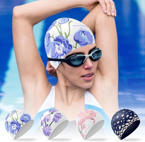 قبعة سباحة من السيليكون على شكل زهرة، تصميم مريح ثلاثي الأبعاد للبالغين للشعر الطويل أو القصير، ناعمة وقابلة للتمدد in Kuwait