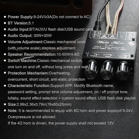 ZK-302T 30W+30W لوحة مضخم صوت بلوتوث مع التحكم في التطبيق (Android فقط)، DC12V يدعم إدخال Bluetooth/AUX/USB للوحة مكبرات الصوت اللاسلكية DIY in Kuwait