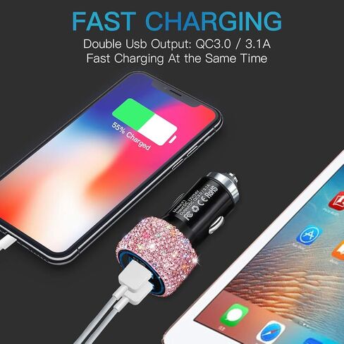 شاحن سيارة USB مزدوج شحن سريع 3.0 محول سيارة ديكورات السيارة شاحن شحن سريع متوافق مع iPhone 11/11pro/ MAX/XS/XR/X/10، iPad، Google Pixel 4/4 XL إلخ in Saudi Arabia