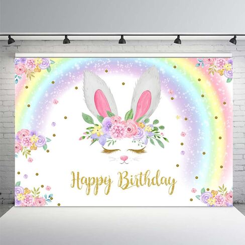 MEHOFOND 7x5ft بريق قوس قزح الأرنب فتاة عيد ميلاد سعيد زينة حفلة خلفية الأزهار الذهب بريق الأرنب السحري ربيع عيد الفصح التصوير الفوتوغرافي خلفية الصورة راية ملصق لمستلزمات طاولة الكيك in Kuwait