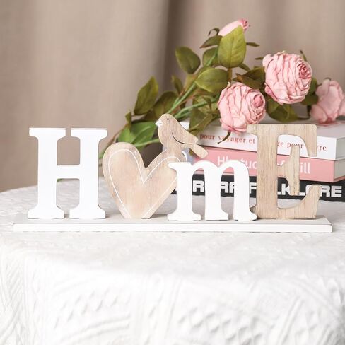 Wooden Letter Home Sign Decoration Love Bird Shape White Country Style Home Hollow out Letter Wooden Desktop Decoration Text Sign Home Decoration (Home) in Saudi Arabia