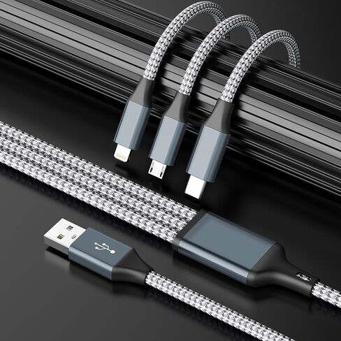 كابل شحن متعدد، (2 حزمة 4أقدام) كابل شاحن 3 في 1 كابل شحن USB متعدد النايلون مضفر، سلك شاحن عالمي مع نوع C، Micro USB ومنفذ IP لمعظم الهواتف والأجهزة اللوحية in Kuwait