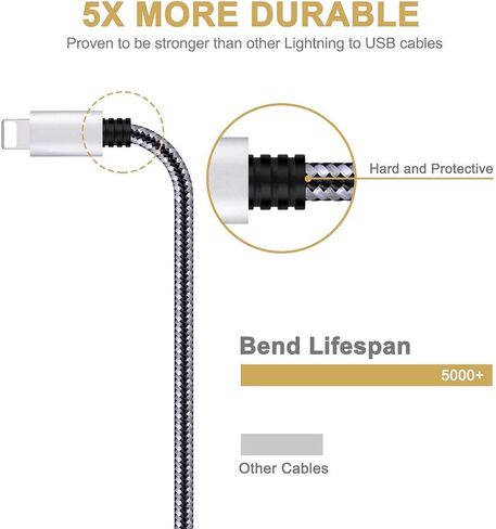 شاحن iPhone، Everdigi 3Pack 10FT Lightning to USB Cable Nylon Braided Charging Cord متوافق مع iPhone 13 12 X 8 Plus 8 7 Plus 7 6 6S 6 Plus 5S SE iPod iPad Mini Air Pro (أسود رمادي) in Kuwait