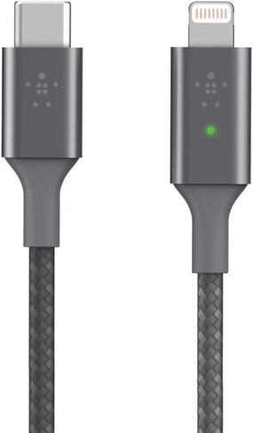 كابل شحن Belkin Smart LED USB-a إلى Lightning بطول 4 أقدام/1.2 متر (راجع حالة الشحن الخاصة بك في لمحة سريعة) جاهز للشحن السريع لأحدث أجهزة iPhone وAirPods وiPad، معتمد من MFi، رمادي (CAA006bt) in Saudi Arabia