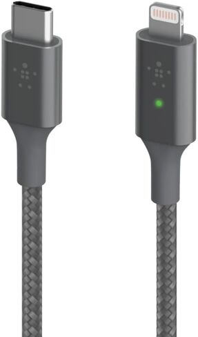 كابل شحن Belkin Smart LED USB-a إلى Lightning بطول 4 أقدام/1.2 متر (راجع حالة الشحن الخاصة بك في لمحة سريعة) جاهز للشحن السريع لأحدث أجهزة iPhone وAirPods وiPad، معتمد من MFi، رمادي (CAA006bt) in Saudi Arabia