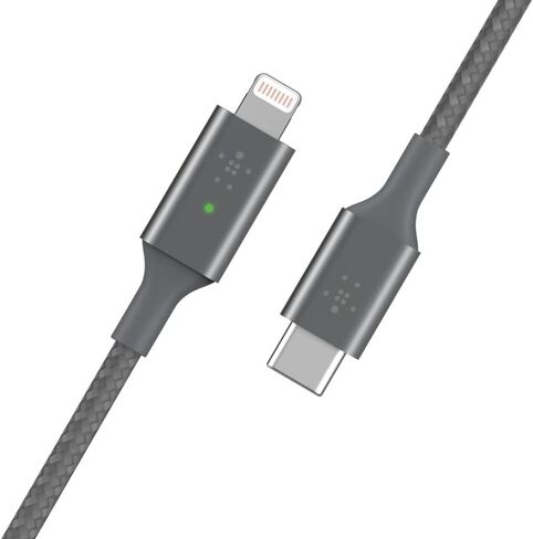 كابل شحن Belkin Smart LED USB-a إلى Lightning بطول 4 أقدام/1.2 متر (راجع حالة الشحن الخاصة بك في لمحة سريعة) جاهز للشحن السريع لأحدث أجهزة iPhone وAirPods وiPad، معتمد من MFi، رمادي (CAA006bt) in Saudi Arabia