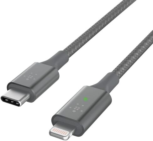 كابل شحن Belkin Smart LED USB-a إلى Lightning بطول 4 أقدام/1.2 متر (راجع حالة الشحن الخاصة بك في لمحة سريعة) جاهز للشحن السريع لأحدث أجهزة iPhone وAirPods وiPad، معتمد من MFi، رمادي (CAA006bt) in Saudi Arabia