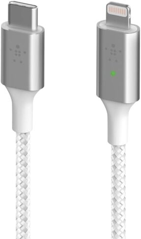 كابل شحن Belkin Smart LED USB-a إلى Lightning بطول 4 أقدام/1.2 متر (راجع حالة الشحن الخاصة بك في لمحة سريعة) جاهز للشحن السريع لأحدث أجهزة iPhone وAirPods وiPad، معتمد من MFi، رمادي (CAA006bt) in Saudi Arabia