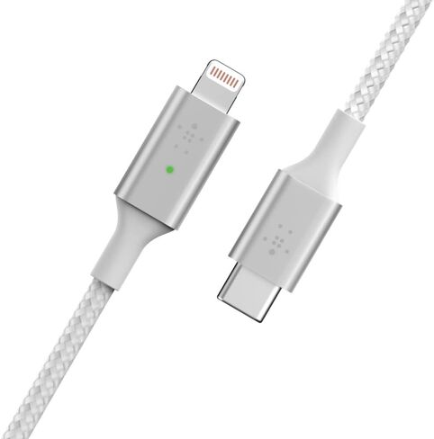 كابل شحن Belkin Smart LED USB-a إلى Lightning بطول 4 أقدام/1.2 متر (راجع حالة الشحن الخاصة بك في لمحة سريعة) جاهز للشحن السريع لأحدث أجهزة iPhone وAirPods وiPad، معتمد من MFi، رمادي (CAA006bt) in Saudi Arabia