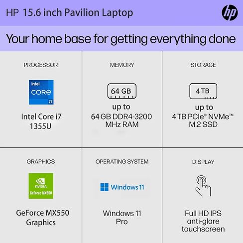 HP Pavilion Laptop, 15.6" FHD Touchscreen, Intel Core i7-1355U Processor, GeForce MX550, 32GB RAM, 1TB SSD, Numeric KP, Backlit KB, Wi-Fi 6, HDMI, Windows 11 Pro, White in Saudi Arabia