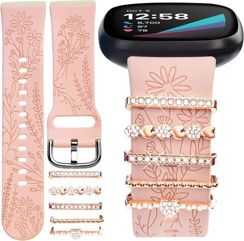 Flower Silicone Band & Charms Compatible with Fitbit Versa 3/ Sense for Women, Engraved Floral Sport Wristbands Replacement Strap with Ring Loops for Fitbit Versa 3 Bands Women in Saudi Arabia