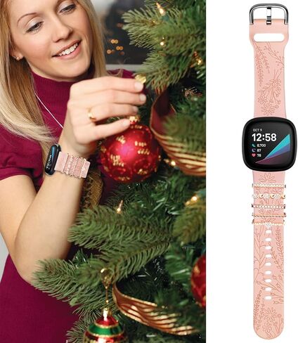 Flower Silicone Band & Charms Compatible with Fitbit Versa 3/ Sense for Women, Engraved Floral Sport Wristbands Replacement Strap with Ring Loops for Fitbit Versa 3 Bands Women in Saudi Arabia