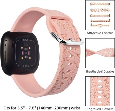 Flower Silicone Band & Charms Compatible with Fitbit Versa 3/ Sense for Women, Engraved Floral Sport Wristbands Replacement Strap with Ring Loops for Fitbit Versa 3 Bands Women in Saudi Arabia