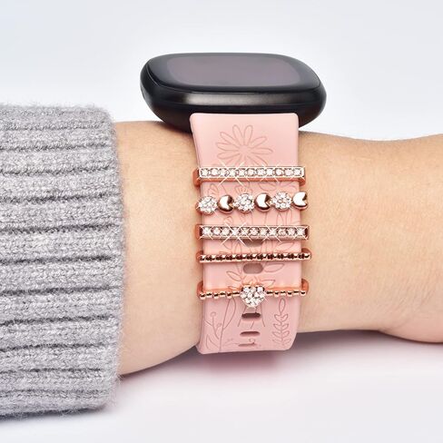 Flower Silicone Band & Charms Compatible with Fitbit Versa 3/ Sense for Women, Engraved Floral Sport Wristbands Replacement Strap with Ring Loops for Fitbit Versa 3 Bands Women in Saudi Arabia
