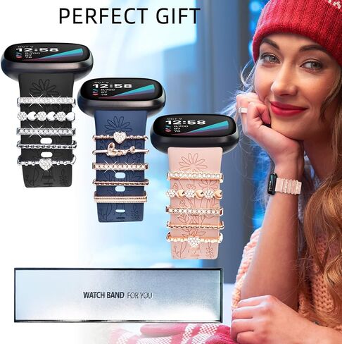 Flower Silicone Band & Charms Compatible with Fitbit Versa 3/ Sense for Women, Engraved Floral Sport Wristbands Replacement Strap with Ring Loops for Fitbit Versa 3 Bands Women in Saudi Arabia