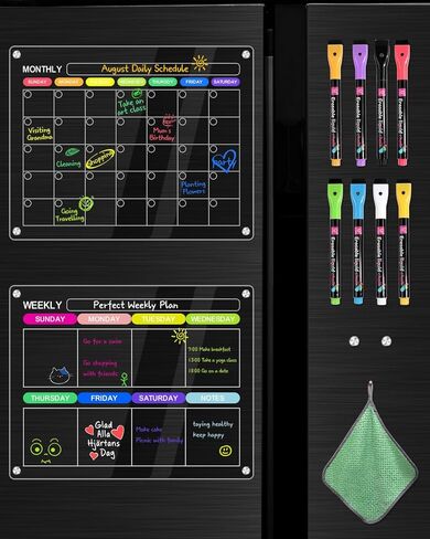 تقويم مغناطيسي أكريليك للثلاجة، عبوتين مقاس 12 بوصة × 16 بوصة، تقويم مغناطيسي شهري وأسبوعي شفاف للمسح الجاف للثلاجة، قابل لإعادة الاستخدام مع 8 علامات مسح جافة ملونة ومنشفة مسح in Kuwait