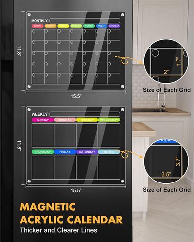 تقويم مغناطيسي أكريليك للثلاجة، عبوتين مقاس 12 بوصة × 16 بوصة، تقويم مغناطيسي شهري وأسبوعي شفاف للمسح الجاف للثلاجة، قابل لإعادة الاستخدام مع 8 علامات مسح جافة ملونة ومنشفة مسح in Kuwait