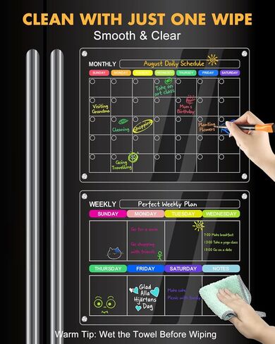 تقويم مغناطيسي أكريليك للثلاجة، عبوتين مقاس 12 بوصة × 16 بوصة، تقويم مغناطيسي شهري وأسبوعي شفاف للمسح الجاف للثلاجة، قابل لإعادة الاستخدام مع 8 علامات مسح جافة ملونة ومنشفة مسح in Kuwait
