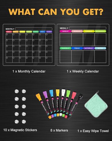 تقويم مغناطيسي أكريليك للثلاجة، عبوتين مقاس 12 بوصة × 16 بوصة، تقويم مغناطيسي شهري وأسبوعي شفاف للمسح الجاف للثلاجة، قابل لإعادة الاستخدام مع 8 علامات مسح جافة ملونة ومنشفة مسح in Kuwait